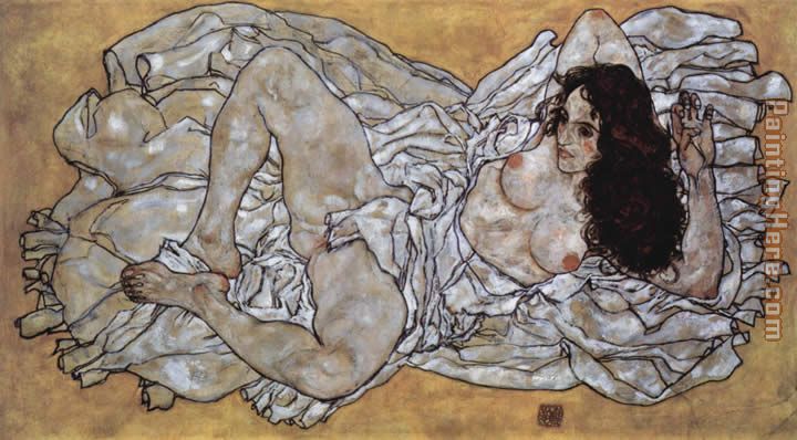 Lying woman painting - Egon Schiele Lying woman art painting